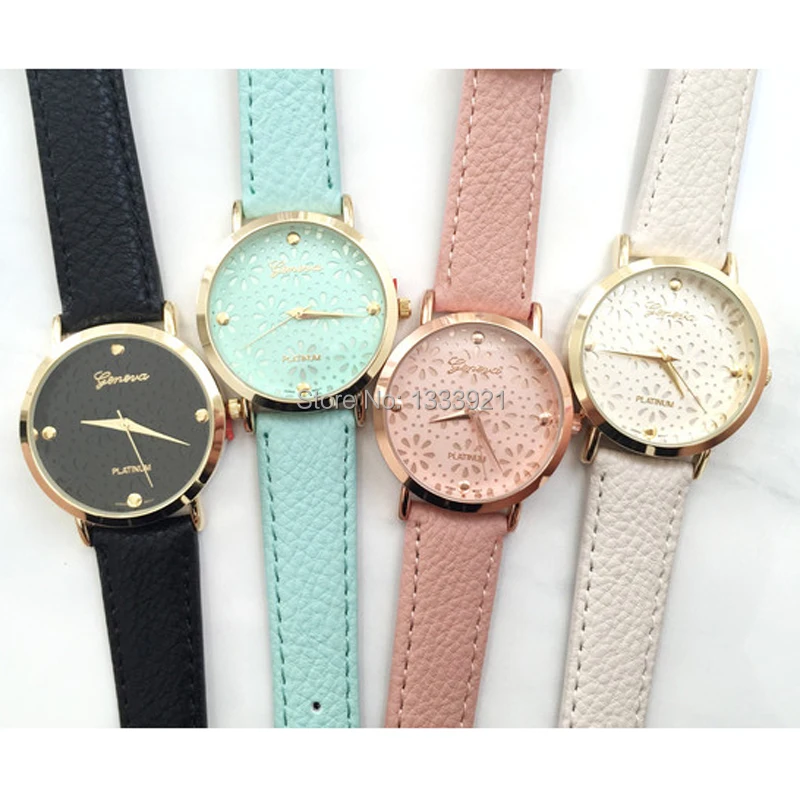 Daisy cut out face watch top quality women leather vintage bracelet watch fashion geneva watches ruffle trim cut out back halter top
