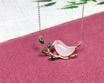 

18K gold inlaid and white jade magpie clavicle chainJ55#