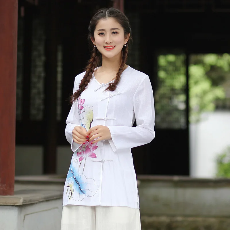 Традиционный китайский футболка Для женщин льняные хлопковые топы Летняя блузка Размеры м до 3XL