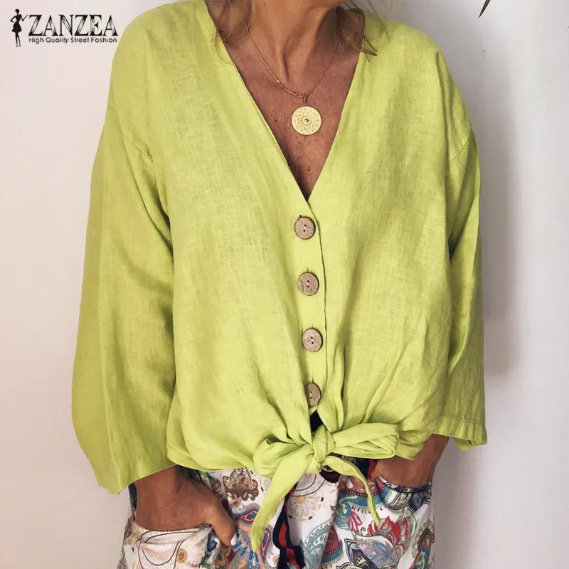 ZANZEA, Женская богемная блузка, летняя, v-образный вырез, рубашка с длинным рукавом, повседневная, однотонная, хлопок, лен, Blusas Femme, пуговицы, галстук-бабочка, топы, Mujer