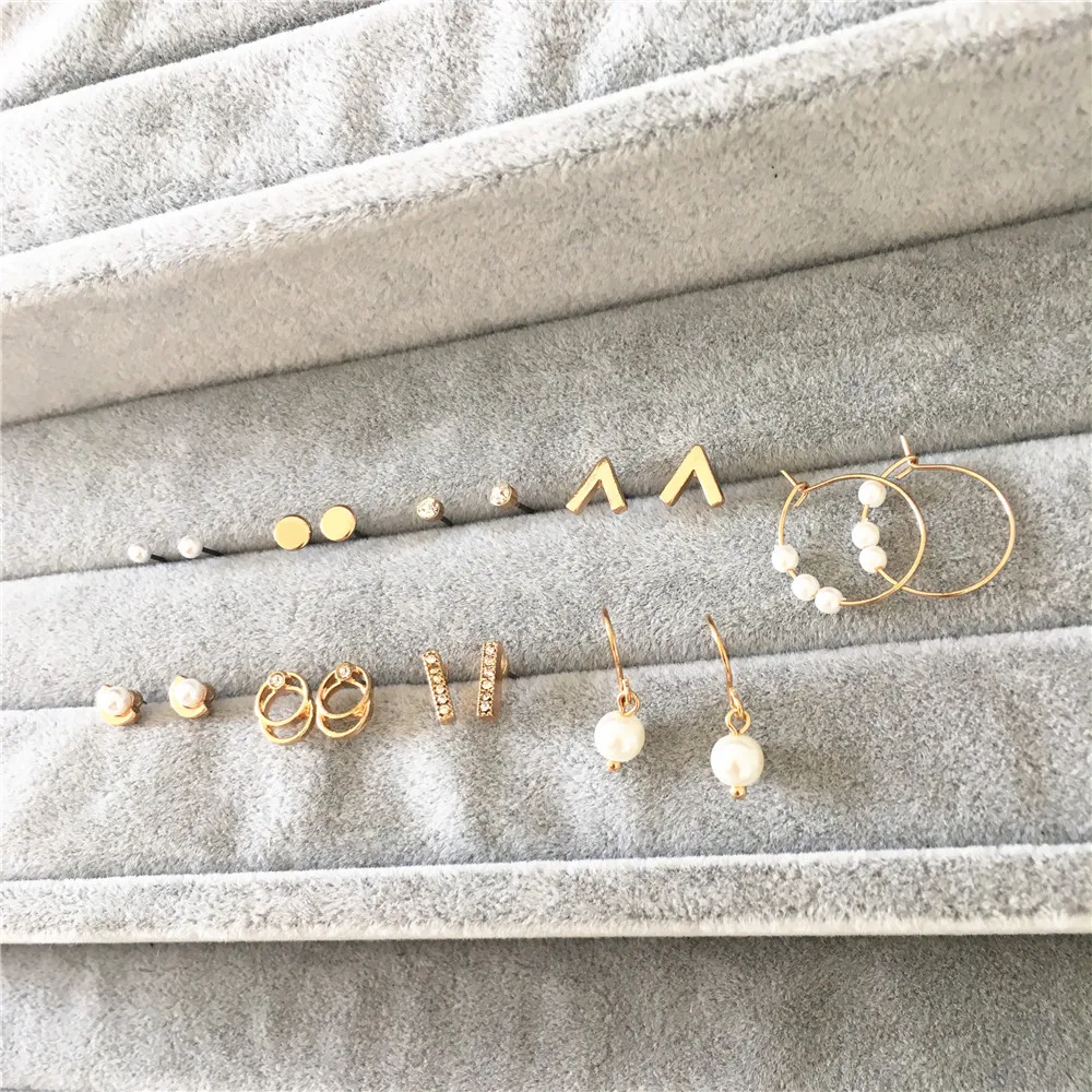 

CUTE GOLD COLOR PLATING SMALL STUD EARRING SET PEARL STONE ROUND DISC MULTI PACK