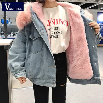 

Vangull Fur Trim Hood Cotton Liner Long denim jackets New women winter hardy warm denim coats female plus size loose outerwear