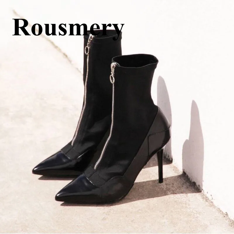 

2018 Autumn And Winter Newest Stretch Fabric Shoes Sexy Pointed Toe Thin High Heel Front Zipper Design Black Women Ankle Boots