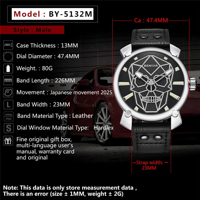 Benyar Luxury Top Brand Men Fashion Creative Skull Watch Business Military Clock Leather Quartz Men