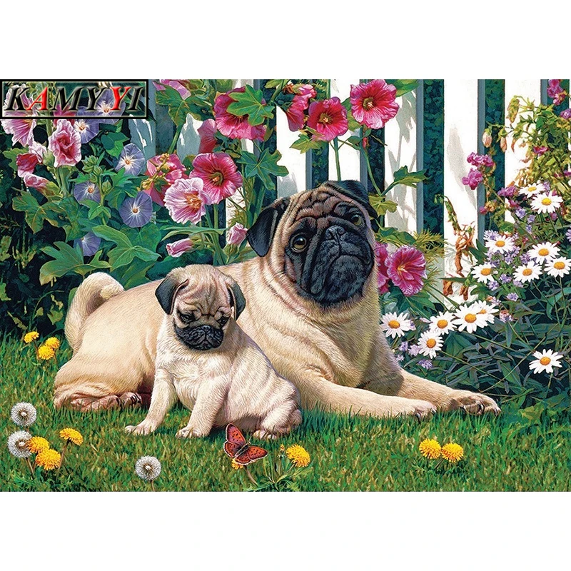 

New Handicrafts 5D Diy Diamond Painting Cross Stitch "Cute Pug Dog In Garden" Diamond embroidery Mosaic European Home Decoration