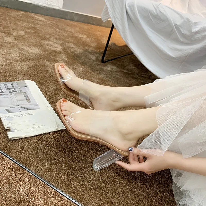 

Slippers Heels Shoes Designer Slides Square heel Shose Women Med High Luxury Sliders 2019 Summer Soft Transparent