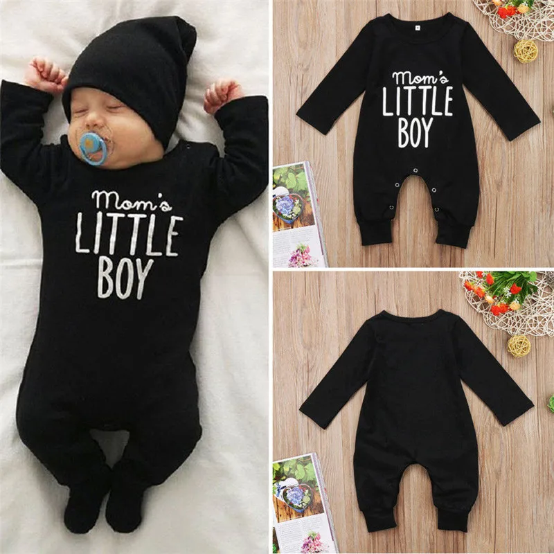 Комбинезоны для маленьких мальчиков 0-24 месяцев, комбинезон с длинными рукавами для маленьких мальчиков и девочек с буквенным принтом, черная одежда для мальчиков, комбинезон новорожденного