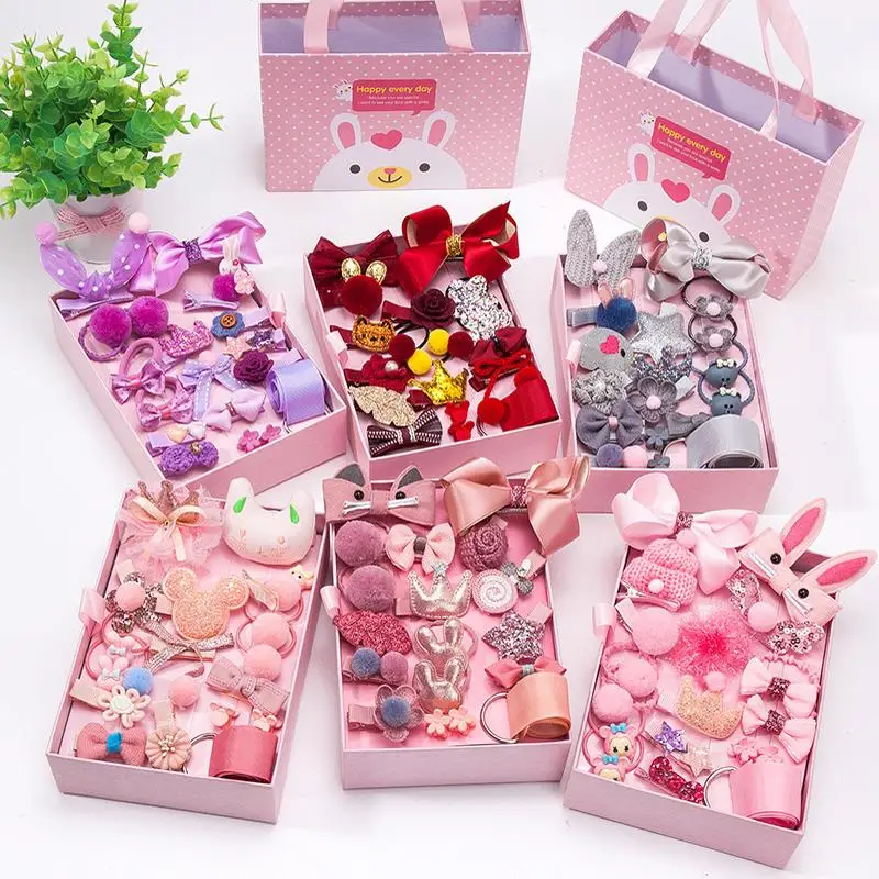 

18pcs/set 2019 Cute Child Hair Accessories Little Girls Clip Lovely Rubber Bands Gift Packages Hairpin Kids Clips Set