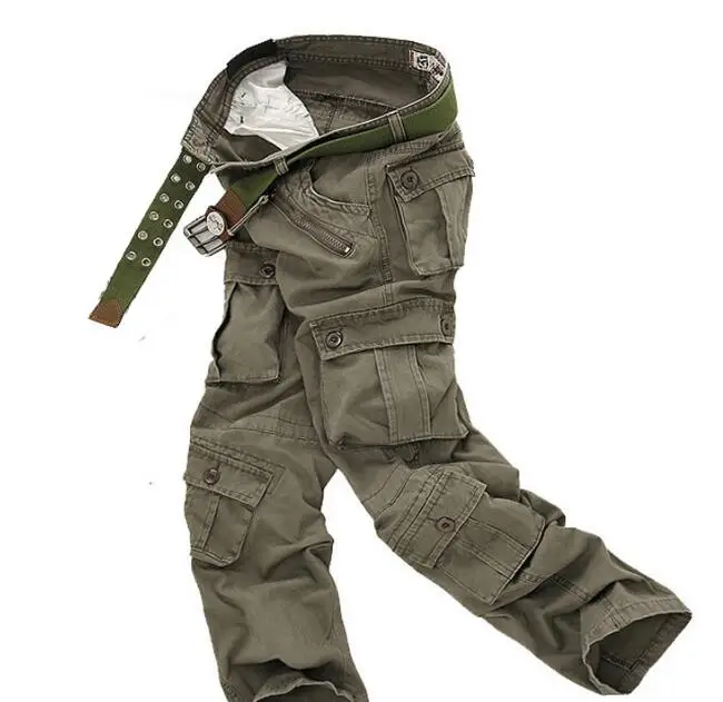 Light army green Мужские брюки карго дизайнер твердые прямые брюки Multi-карманы хлопок брюки-карго - Цвет: Light army green