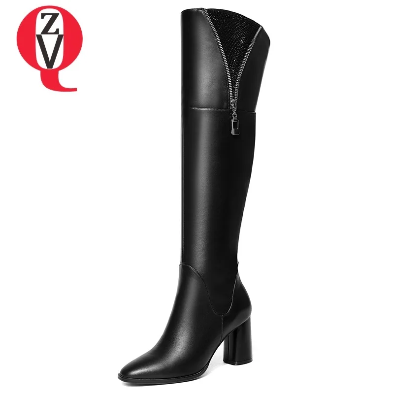 

ZVQ women shoes 2018 new fashion square toe genuine leather high square heel zipper winter outdoor plush warm knee high boots