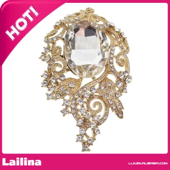 

Big Rhinestone Crystal Gold Tone Brooch Pin Pandent Bridal Wedding Party 3"