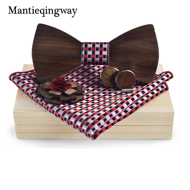 Mantieqingway деревянная бабочка+ платок+ брошь+ Запонки Наборы для мужского костюма деревянная Бабочка Цветочный галстук бабочка с принтом Bowknots Cravat