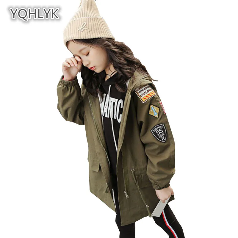 

Children Spring Autumn Girl Windbreaker New Fashion Hooded Casual Girl Jacket Long Loose Kids Parker Outerwear & Coats LK066