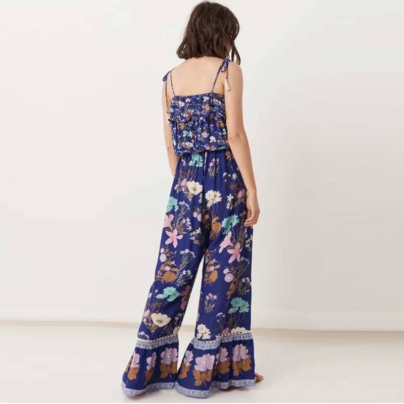 JuneLove Women Summer Sexy Sleeveless Boho Jumpsuits Vintage Print Floral Female Loose Playsuits Casual Holiday Beach Rompers