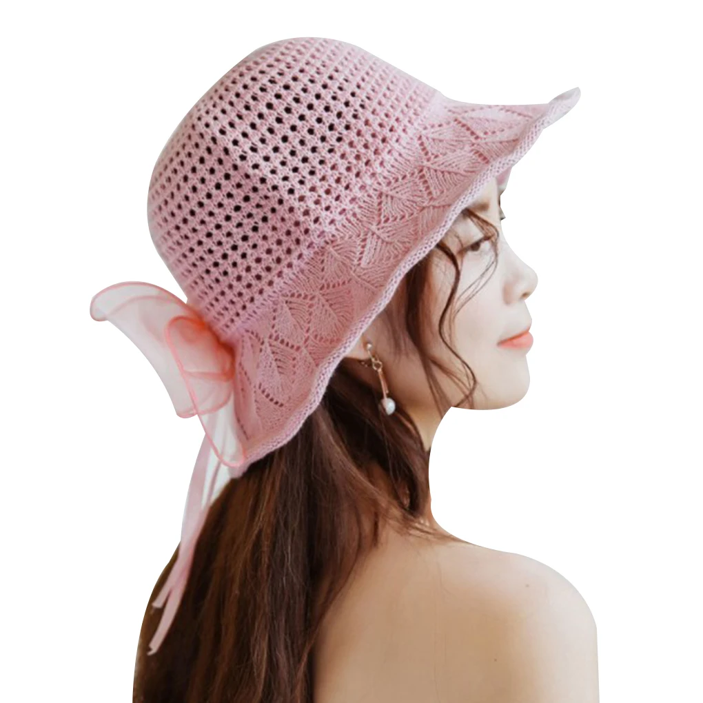 Fashion Straw Hat Bowknot Cap Handmade Hollow-out Weave Women Ribbon Sunshade Summer Accessories