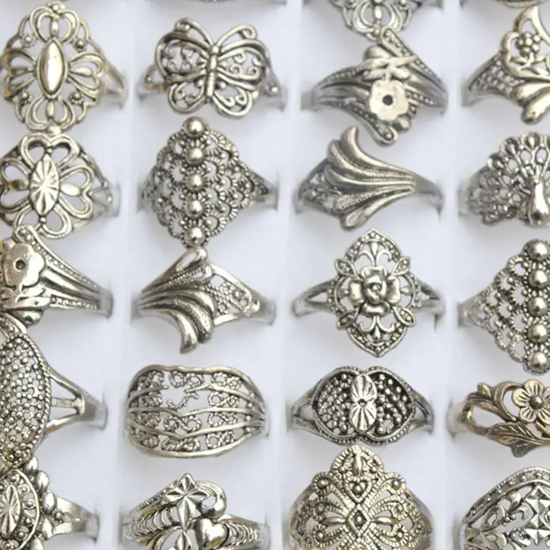 Prix pour 100 Pcs En Gros Bijoux Lot Mixte Style Tibet Argent Vintage Anneaux Creux Conception Fleur Argent Anneaux Pour Hommes Femmes Prix pour 100 Pcs En Gros Bijoux Lot Mixte Style Tibet Argent Vintage Anneaux Creux Conception Fleur Argent Anneaux Pour Hommes Femmes