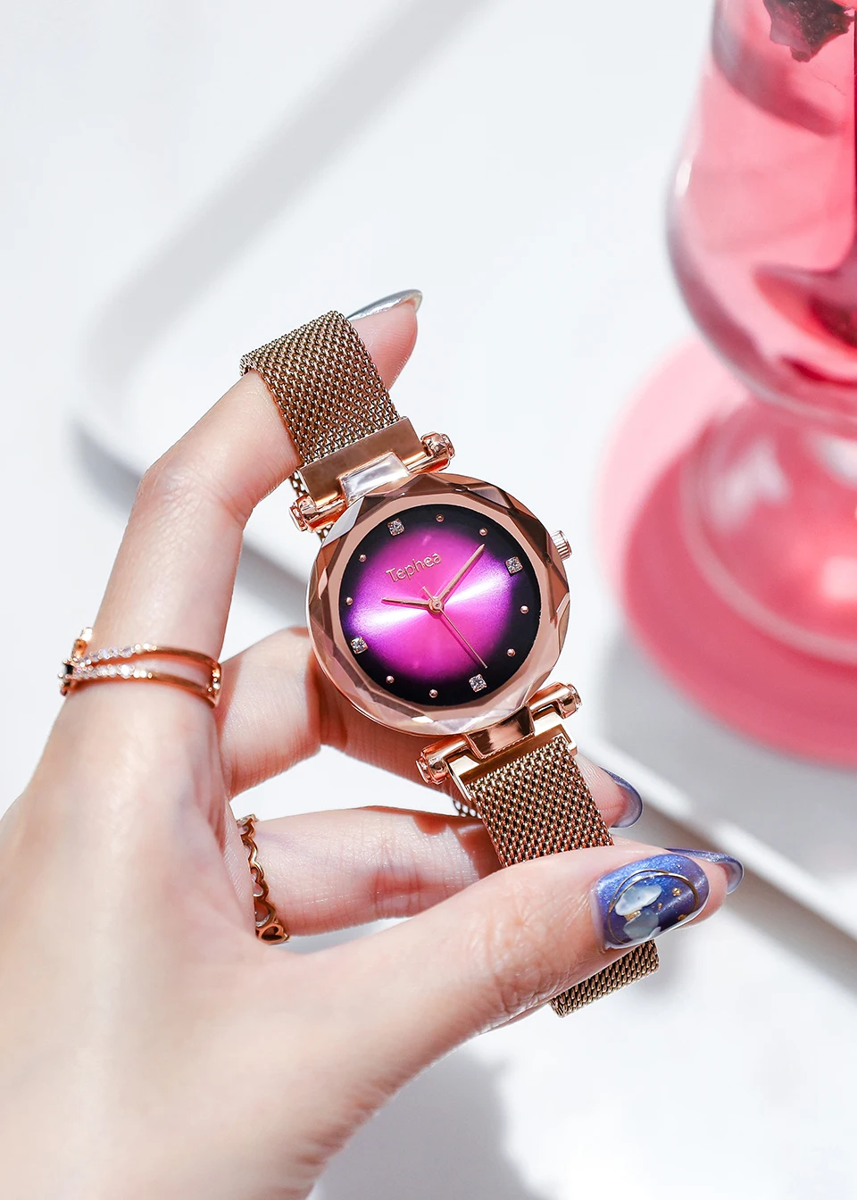 2019 роскошные розовое золото женские часы мода Diamond звездное небо магнит для женщин часы водостойкие женские наручные для подарка