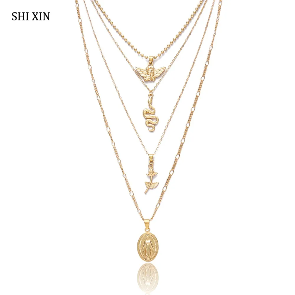 

SHIXIN Boho Long Multi Layered Chain Choker Necklaces Little Angel Snake Goddess Pendants Women Fashion Statement Jewelry Female