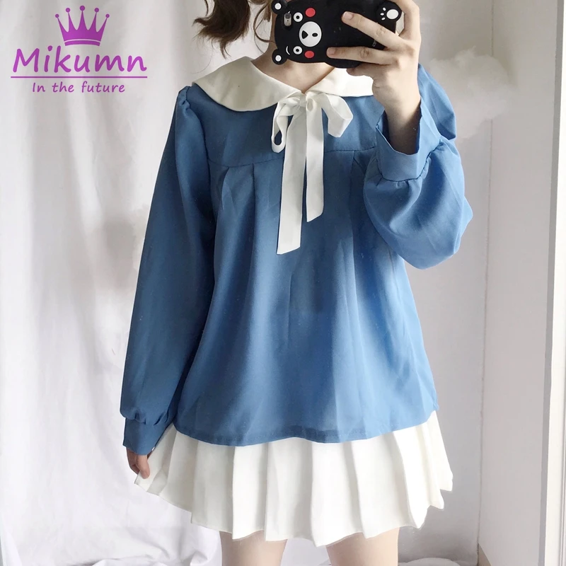 

Autumn Women Blouse 2019 Japanese Style Mori Girl Sweet Preppy Style Bow Lace-up Sailor Collar Long Sleeve Student Shirt Tops