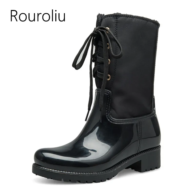 Glissière Non Tr213 up Rainboots Pluie Femme Dentelle slip Femmes Dos Fourrure Bottes Court Black Au Chaussures Chaude Talons D'eau Rouroliu Carré Étanche wzXOSBxq