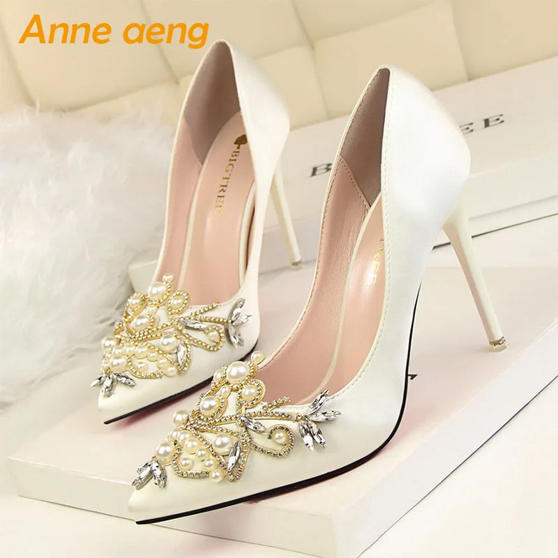 

2019 New Spring/Autummn Women Pumps High Thin Heel Pointed Toe Crystal Elegant Bridal Wedding Women Shoes Female High Heels