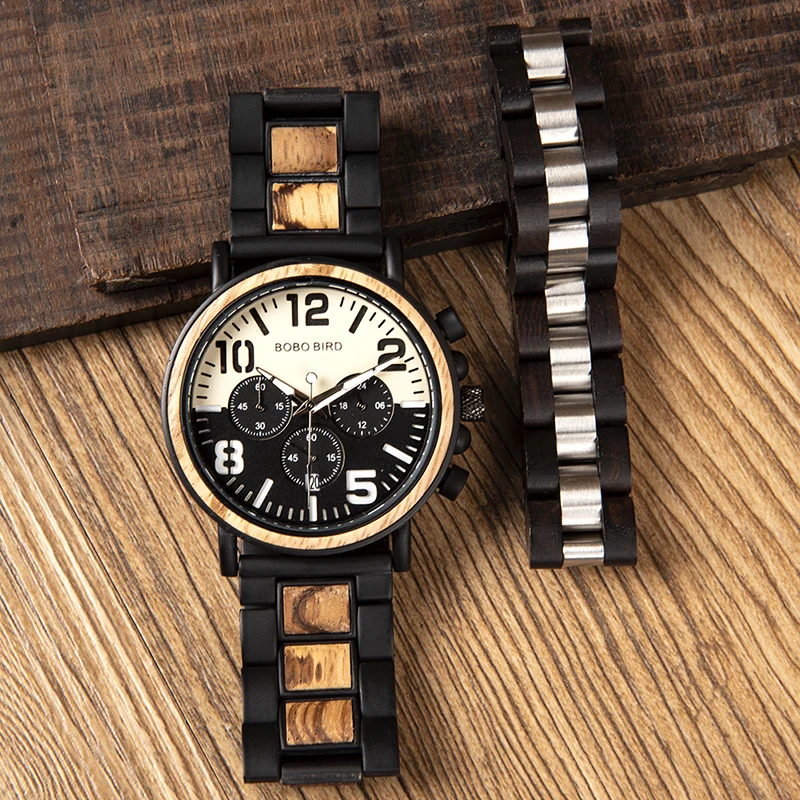 Relogio Masculino BOBO BIRD Wood Watch and Fashion Bracelet Men Quartz Wristwatches Chronograph Timepiece In Wood Box L-R25