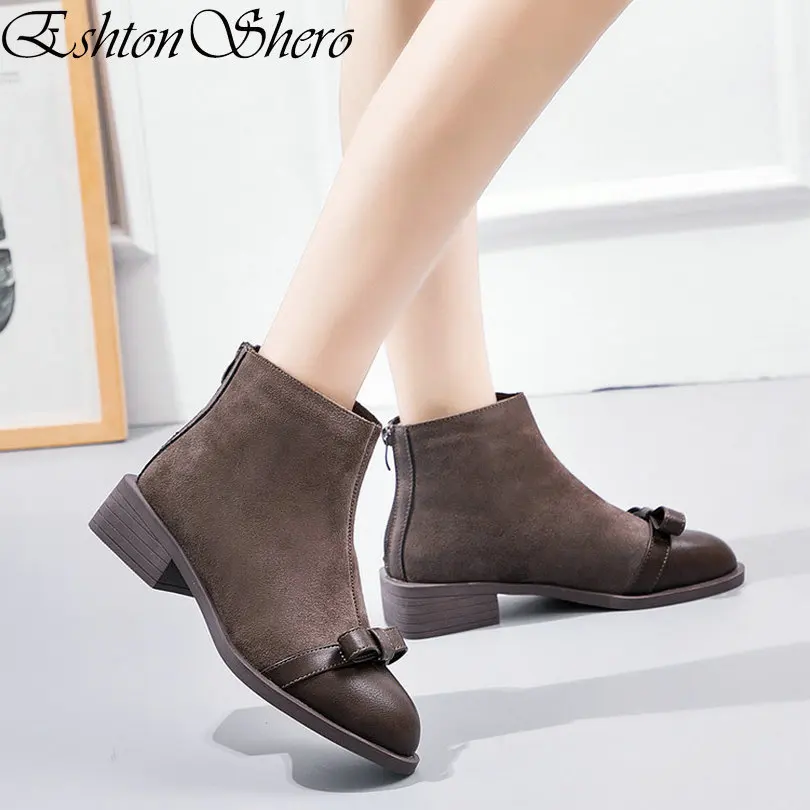 

EshtonShero Winter Women Ankle Boots Low Heels Chelsea Shoes Woman Leather+Plush Black Ladies Motorcycle Boots Size 4-8