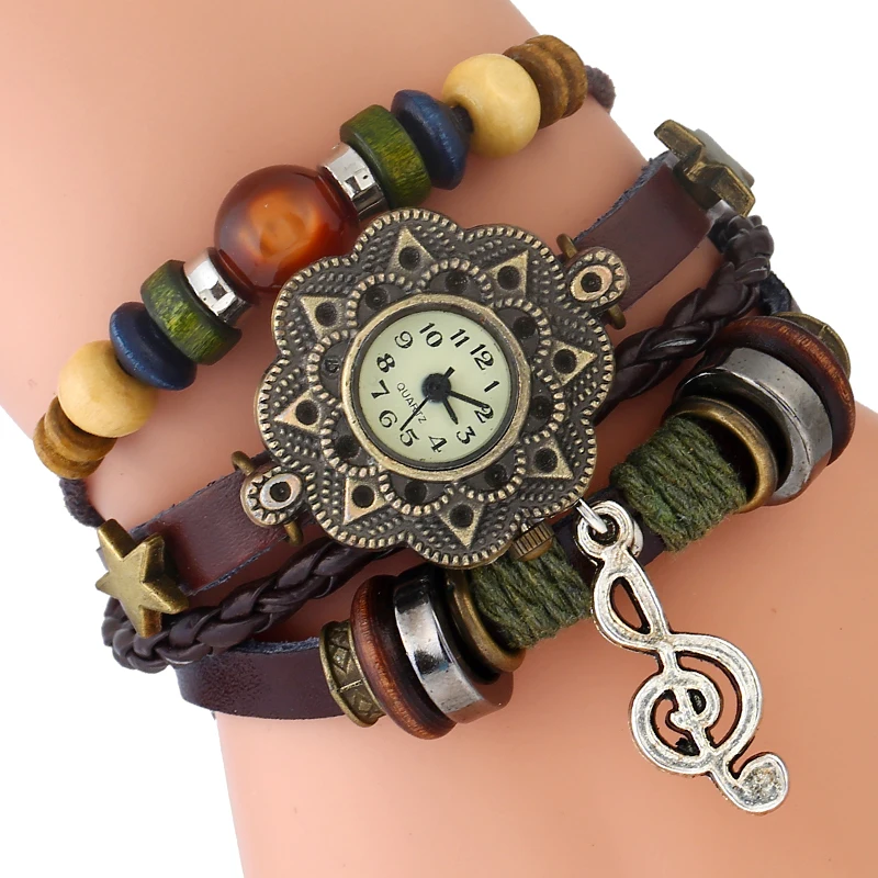 Gnova платиновый браслет из натуральной кожи женские часы с музыкальным шармом Sol Note винтажные наручные часы для девочек часы христианские ювелирные изделия