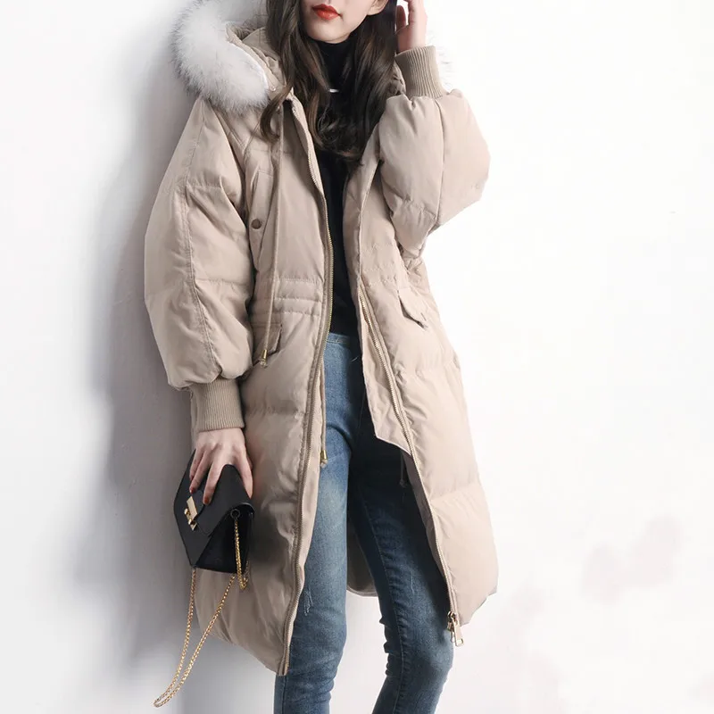 

KMETRAM 2018 Winter White Duck Down Jacket Women Real Raccoon Fur Collar Hooded Feather Parka Ladies Suede Loose Long Coat MY469