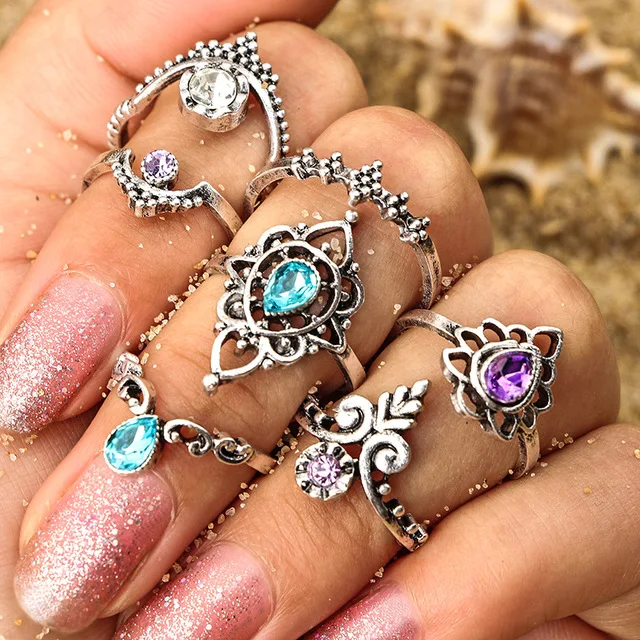 

2018 new fashion popular Opal Stone Carving Rings Set for Women ring wholesale Women Wedding Rings Jewelry Gifts 7pcs/Set