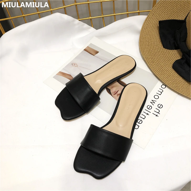 

MIULAMIULA Brand Designer 2019 Summer Comfortable Simple Soft Bottom Square Toe Slip On Loafers Mules Flip Flops For Beach 35-40