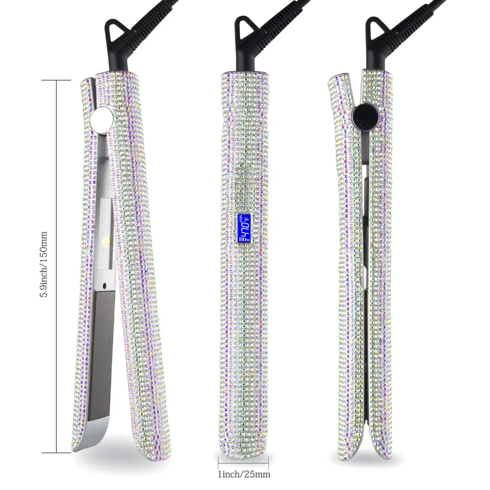MADAMI Hair Straightener Flat Iron Hand Made Crystal Diamond With LCD Digital Display MCH Sparkling Rhinestones Titanium Plate White (9)