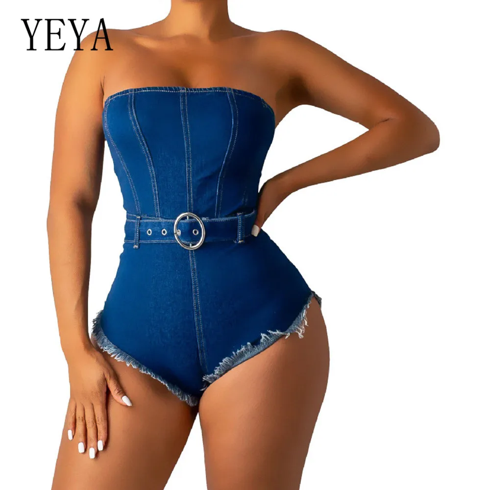 

YEYA Rompers Sexy Strapless Sleeveless Denim Jumpsuits with Waist Belt for Women Elegant Hollow Out Bodycon Summer Playsuits