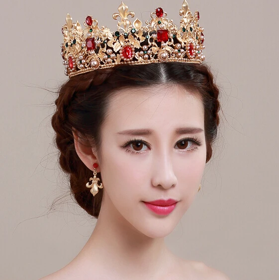 

Bridal big crown vintage Baroque red crystal jewelry wedding headdress bridal hair accessories gold tiara