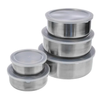 

Quality 5pcs/set Stainless Steel Mixing Bowls 10/12/14/16/18cm Lunch Boxes + Clear Plastic Sealing Lids Portable Kitchen Utensil
