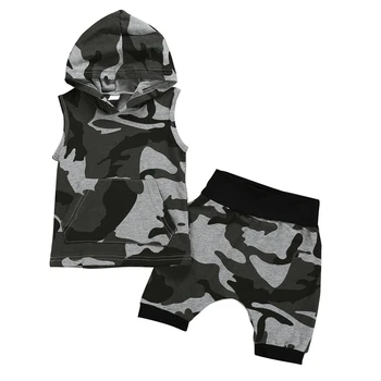 

Summer Baby Boys Clothes for Girls Casual Sleeveless Camouflage Print Hoodie T-shirt Tops+Shorts Costume Set