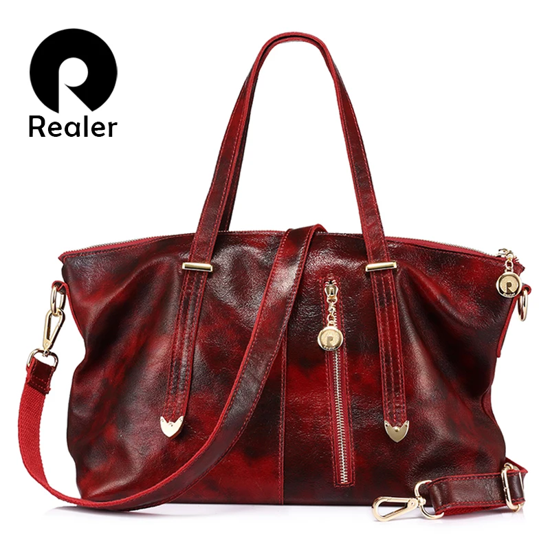 

REALER women handbag genuine Leather bags for Women large Tote Bag female shoulder/crossbody bags Hobos High Quality Leather