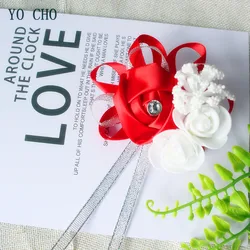 Silk Roses White Wrist Corsage for Bridesmaids - Elegant Floral Bracelet in Pink and Blue for Weddings (Red)
