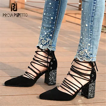 

Prova Perfetto Pointed Toe Women High Heels Sexy Women Pumps Lace Up Female Summer Gladiator Sandals Suede Stiletto Dress Shoes