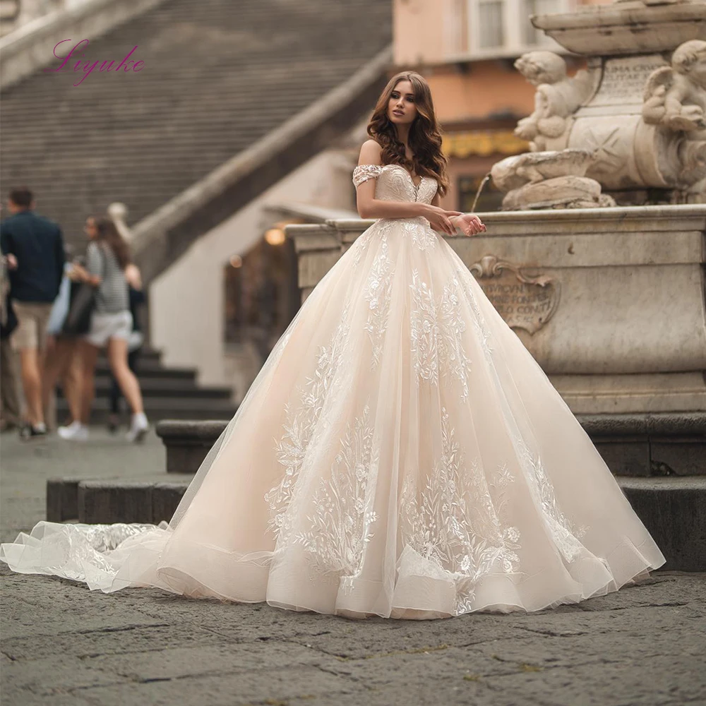 

Liyuke 2019 Married Wedding Dress Ball Gown Lace Appliques Pattern Off-the-shoulder Customer Made Size Floor-length