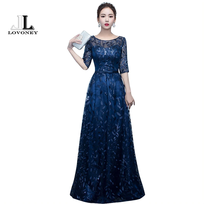 Kaufen LOVONEY Lange Abendkleid 2019 Heißer Verkauf Scoop Neck Halbarm Navy Blau Lace Up Formale Abendkleider Robe De soiree M212