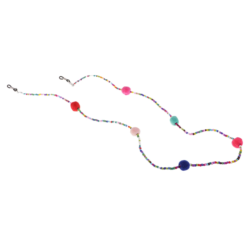 Anti Slip Colorful Beads Plush Ball Eyeglass Chain Necklace Rubber ends with Metal Coils Lanyards for Lady Girl 
