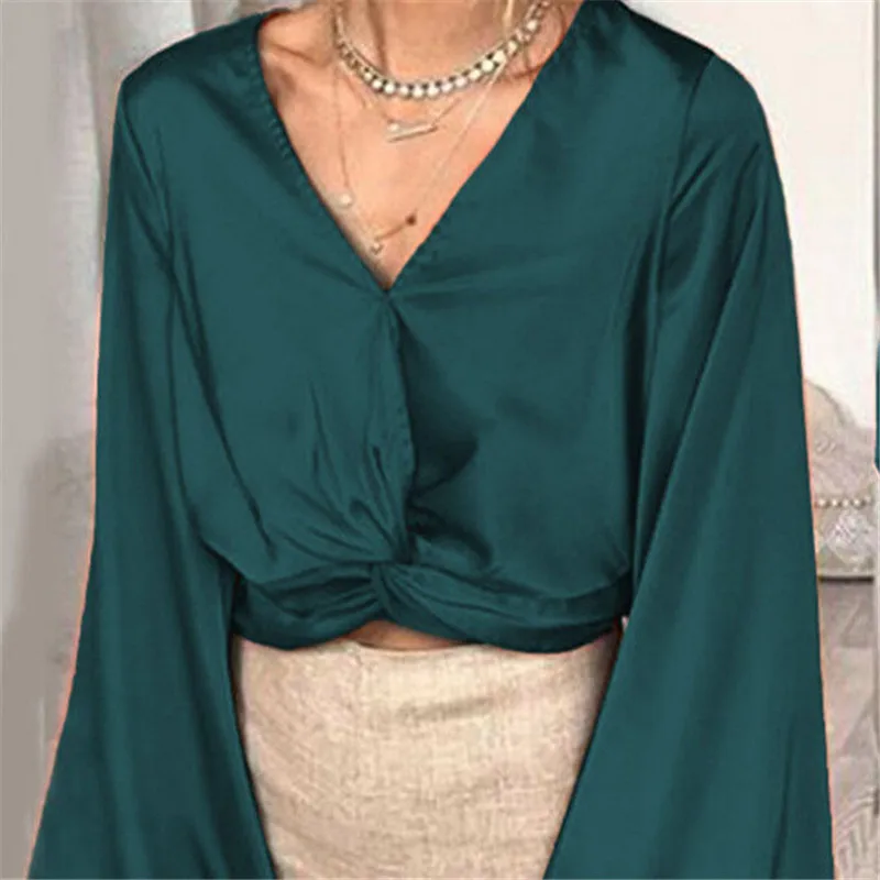 

Women's Loose Long Sleeve Plain Casual Blouse Lantern Sleeve Luxurious Baggy Shirt Ladies Sexy V-neck Solid Color Fashion Blouse