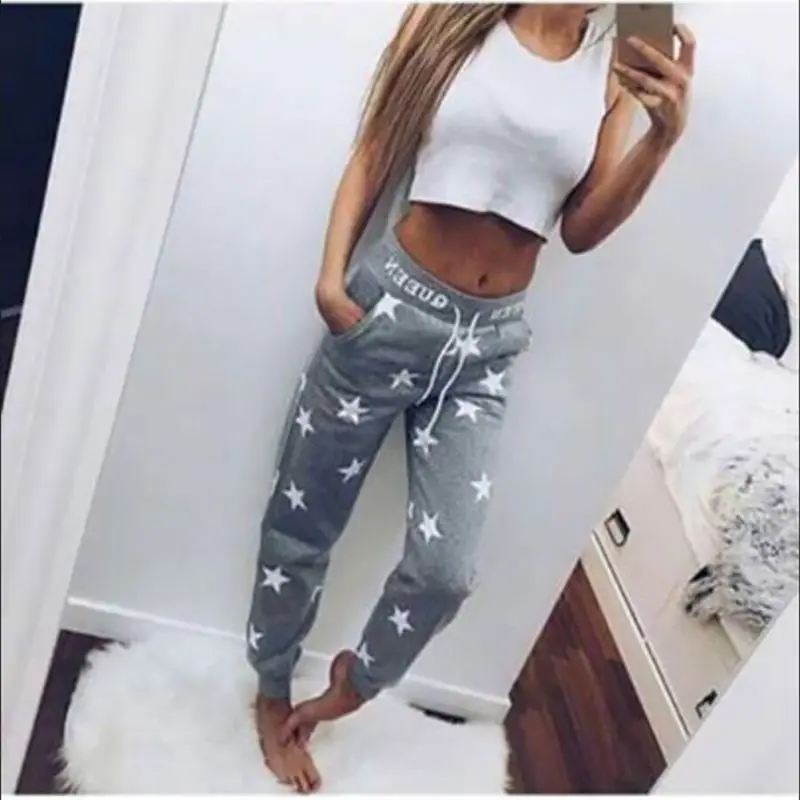 Solid Pants Capris Tracksuit Pink/Gray Loose Pants Women Printed Star Casual Long Trousers Fashion Sweatpants