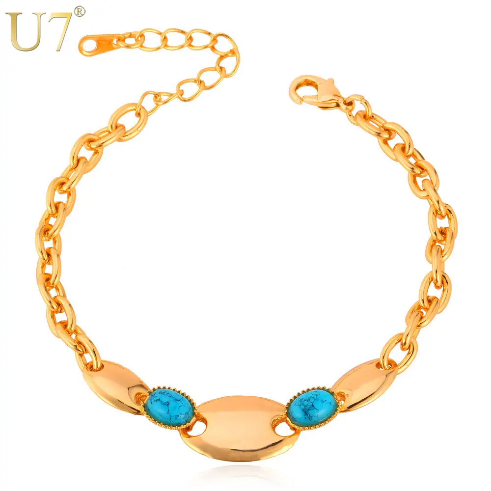 U7 Позолоченный Камень Бирюзовые Ювелирные Изделия Изменяемого Размера Ссылка Цепочки Браслеты Женский H564