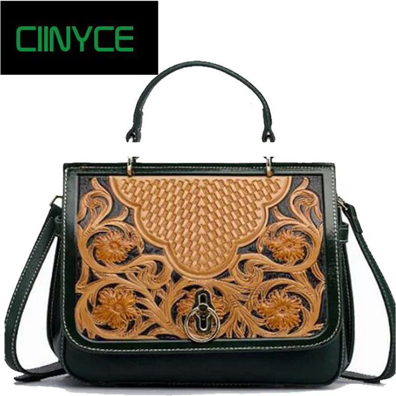 

Original Brand Desiger Fashion Women's Genuine Cow Leather Carved Flowers Handbags Cowhide Top Handle Small Totes Crossbody bags