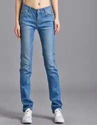 Женские Большие размеры Весна однотонные тонкие прямые джинсы женские осенние оверсайз размер d средние отверстия рваные брюки женские