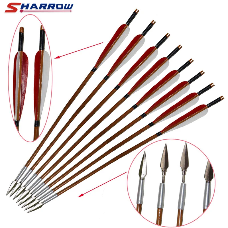 

6 Pcs Archery Bamboo Arrow Use for Recurve And Traditional Bow Hunting Replaceable Arrowhead