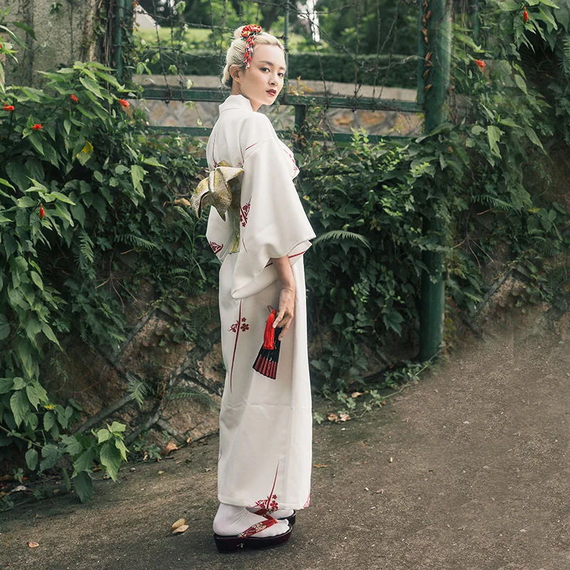 

Traditional Japanese Women Kimono Yukata White Print Long Robe With Obi Vintage Girls Daily Dress Gown Cosplay Costume S M