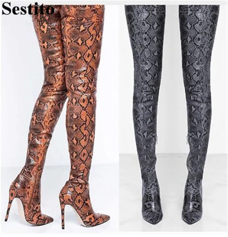 

Sexy Gray Snake Pattern Thigh High Boots Pointed Toe Thin Heels Cross-tied Over-the-Knee Boots For Women Zip Casual Women Shoes